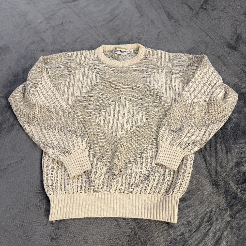VTG London Fog Sweater Mens Sz L Cream & Gray Geometric Knit Made in USA Retro